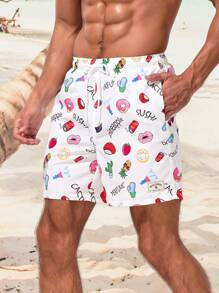 Manfinity Men's Swimming Trunks With Letter And Strawberry Print