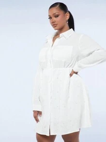 SHEIN SXY Plus Size Women's Loose A-Hem Beaded Shirt-Style Resort Dress