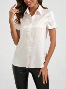 SHEIN Clasi Women's Leopard Print Polo Collar Short Sleeve Shirt - Apricot - View 7
