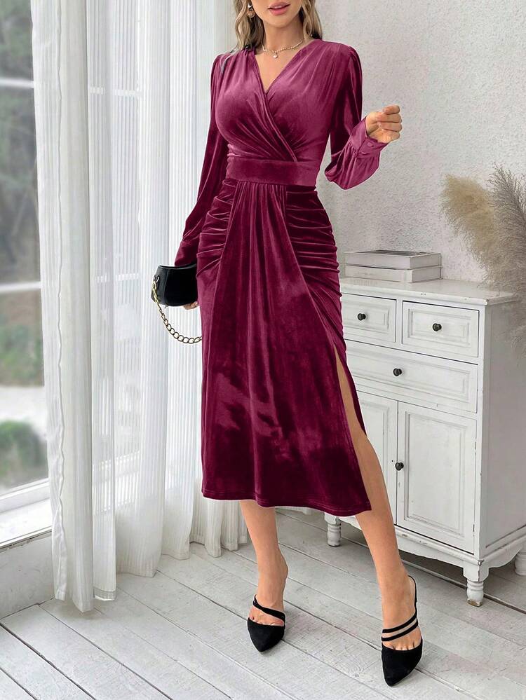 Women's Pleated Long Sleeve Slit Side Dress