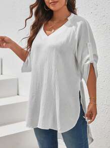 SHEIN VCAY Plus Roll Tab Sleeve Split Hem Summer Blouse - White - View 4