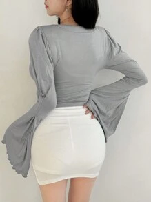 DAZY Ladies' Solid Color Pleated Bell Sleeve T-Shirt Long Sleeve Women Tops