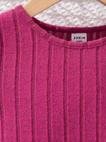 SHEIN 年輕女孩日常街頭時尚針織圓領短袖裙 - 玫紅色 - 查看 3