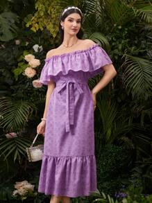 Modelyn Women's Solid Color Hollow-Out Embroidered Off Shoulder Dress - Purple - View 9