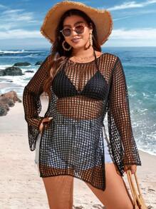 Flirla Plus Size Women's Long Sleeve Hollow Out Cover Up Dress Summer - Black - View 5