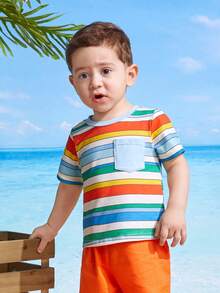 SHEIN Suéter De Cuello Redondo Para Bebé Con Bolsillo En El Parche Del Bloque De Color Con Rayas De Colores - Multicolor - Ver 10