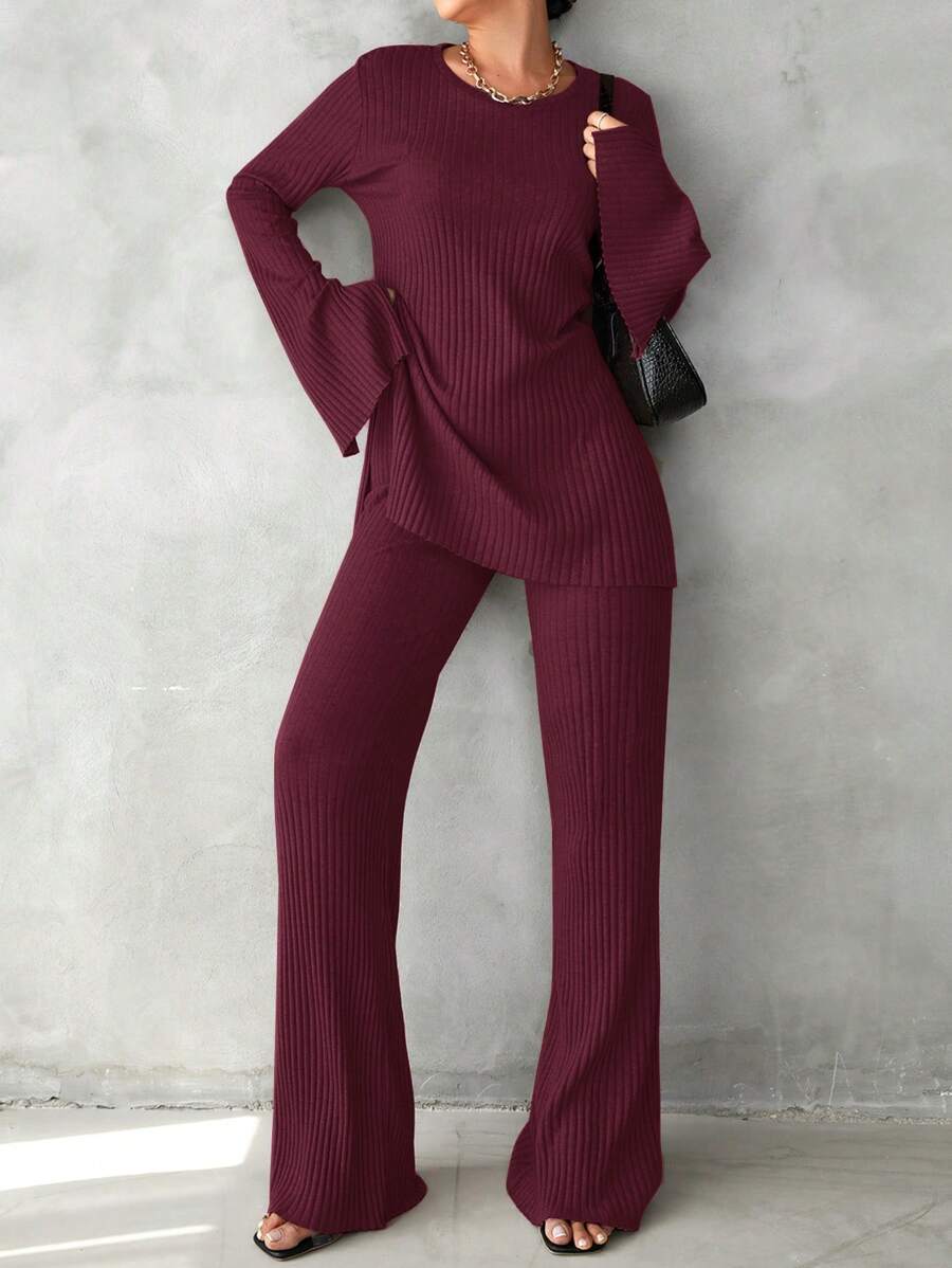 EURMUSE Solid Split Hem Tee & Flare Leg Pants - Red - View 1