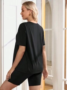 SHEIN Maternity Short Sleeve T-Shirt And Shorts Set With Letter & Bear Print - Black - View 2