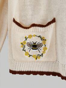 ROMWE Fairycore 女士蜜蜂和花卉刺繡彩色拼接邊開衫毛衣 - 杏色 - 查看 4