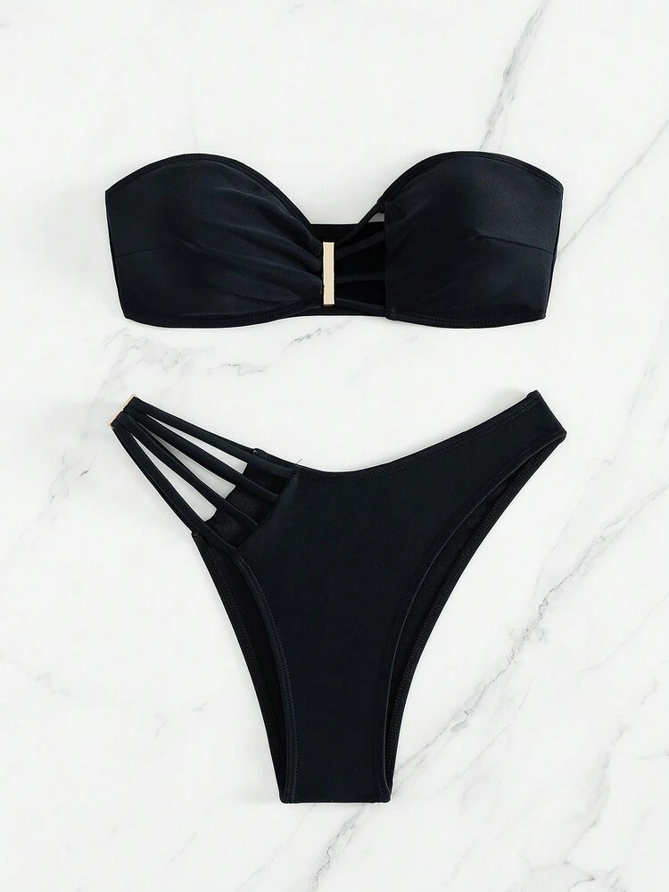 Sexy Solid Color Ruffle Bandeau Bikini Set & Solid Color Swim Shorts Set, Hollow Out Strapless Bikini Set Bathing Suit Beach Outfit Summer Vacation Summer Beach