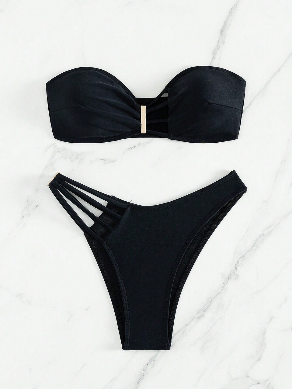 Black Hollow Out Strapless Bandeau Bikini Set & Solid Color Swim Shorts Set,Cute Summer Beach Bathing Suit,Holiday Beach Outfit Summer Vacation