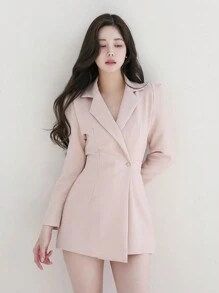 DAZY 女士純色長袖連身褲,對比色領口和短褲 - 粉色 - 查看 5