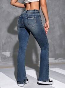 SHEIN Frenchy 女款修身喇叭牛仔褲 - 深色水洗藍 - 查看 3