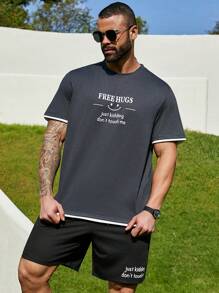 Manfinity Homme Men's Plus Size 2pcs/Set Short Sleeve T-Shirt And Shorts With Two Slogans And Face Design