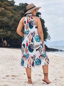 SHEIN VCAY Plus Size Leaf Printed Sleeveless Shirt Dress For Vacation