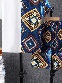 SHEIN Leap Crew Conjunto De Camisa De Manga Corta Con Cuello De Pie Y Shorts Con Patrón De Patchwork Para Niños Preadolescentes - Multicolor - Ver 9