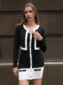 SHEIN Privé 撞色拼布修身裙+長袖t卹兩件套 - 黑色 - 查看 1