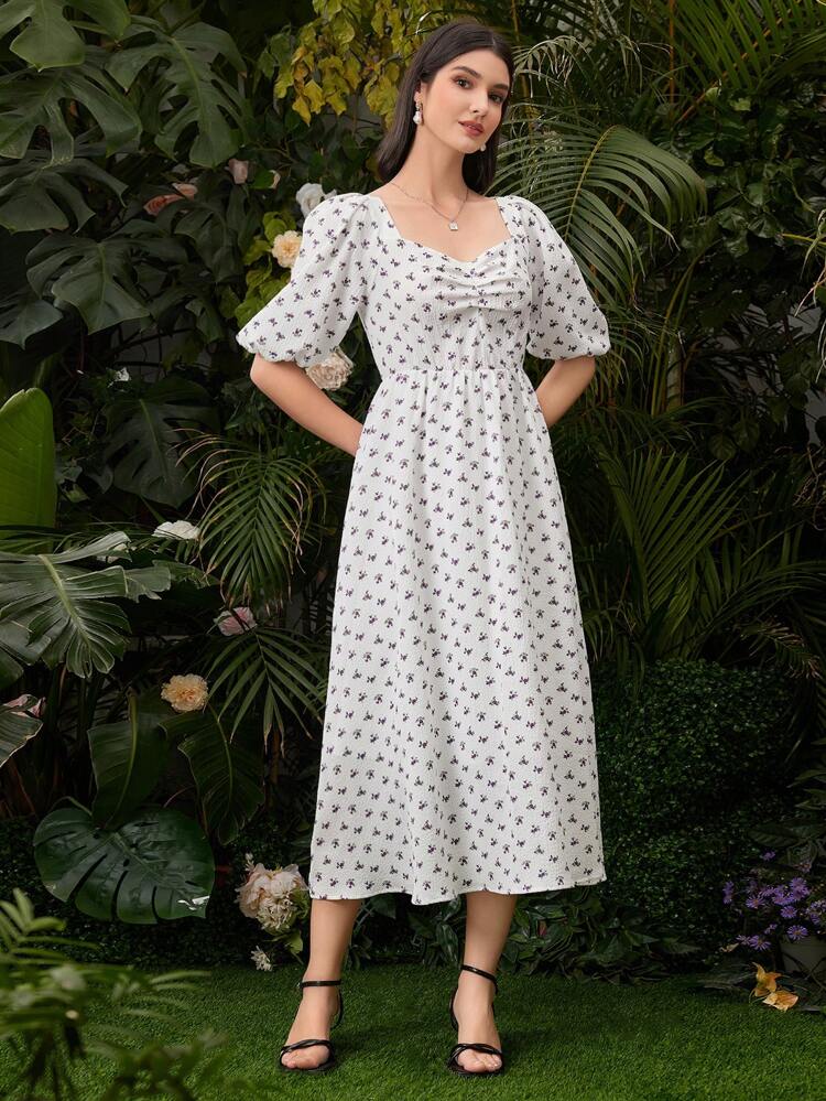 Women's Floral Print Puff Sleeve Pleated Dress