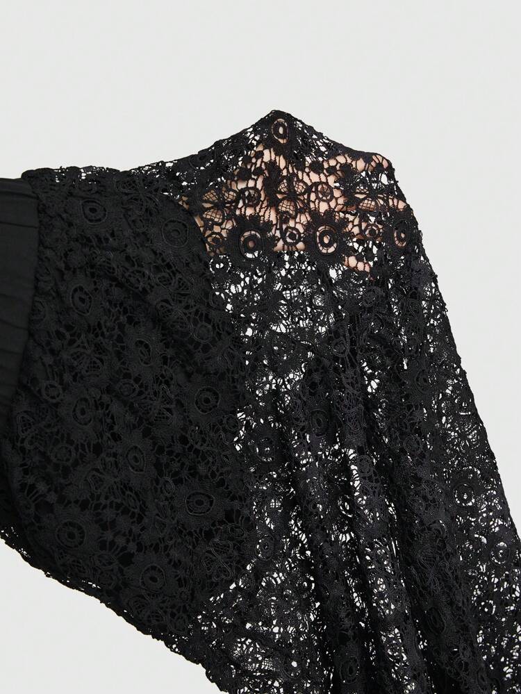 Boho Gothic Style Wide Leg Pants For Women, Featuring Water Soluble Lace Hem, Mesh Panel And Tassel Detailing