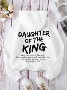 SHEIN EZwear Đồ họa Khẩu hiệu Túi kangaroo Dây rút Lót nhiệt Hoodie - trắng - Xem 1
