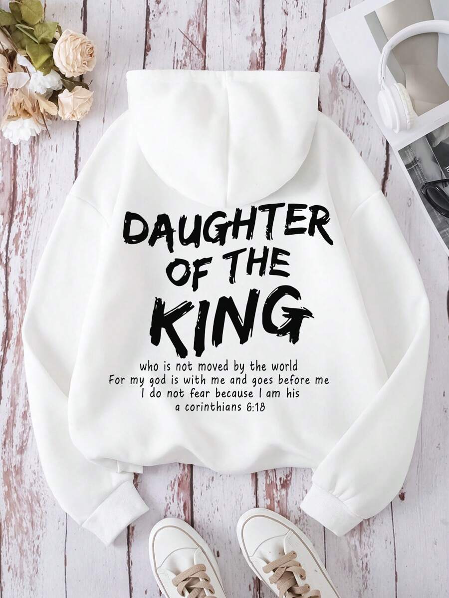 SHEIN EZwear Đồ họa Khẩu hiệu Túi kangaroo Dây rút Lót nhiệt Hoodie - trắng - Xem 1