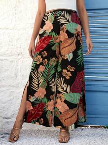 SHEIN Printed Maternity Open Slit Wide Leg Pants, Tropical Style - Multicolor - View 5