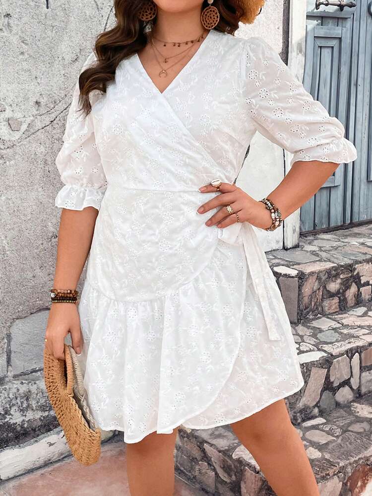 Plus Size White Women Dresses,Holiday French Embroidery Wrap Around Belted Ruffle Hem Summer Dress