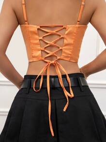 GENKIRA Gerafftes Brustgurt Crop Tanktop Mit Schulterträgern Und Rückenausschnitt - Orange - Übersicht 5