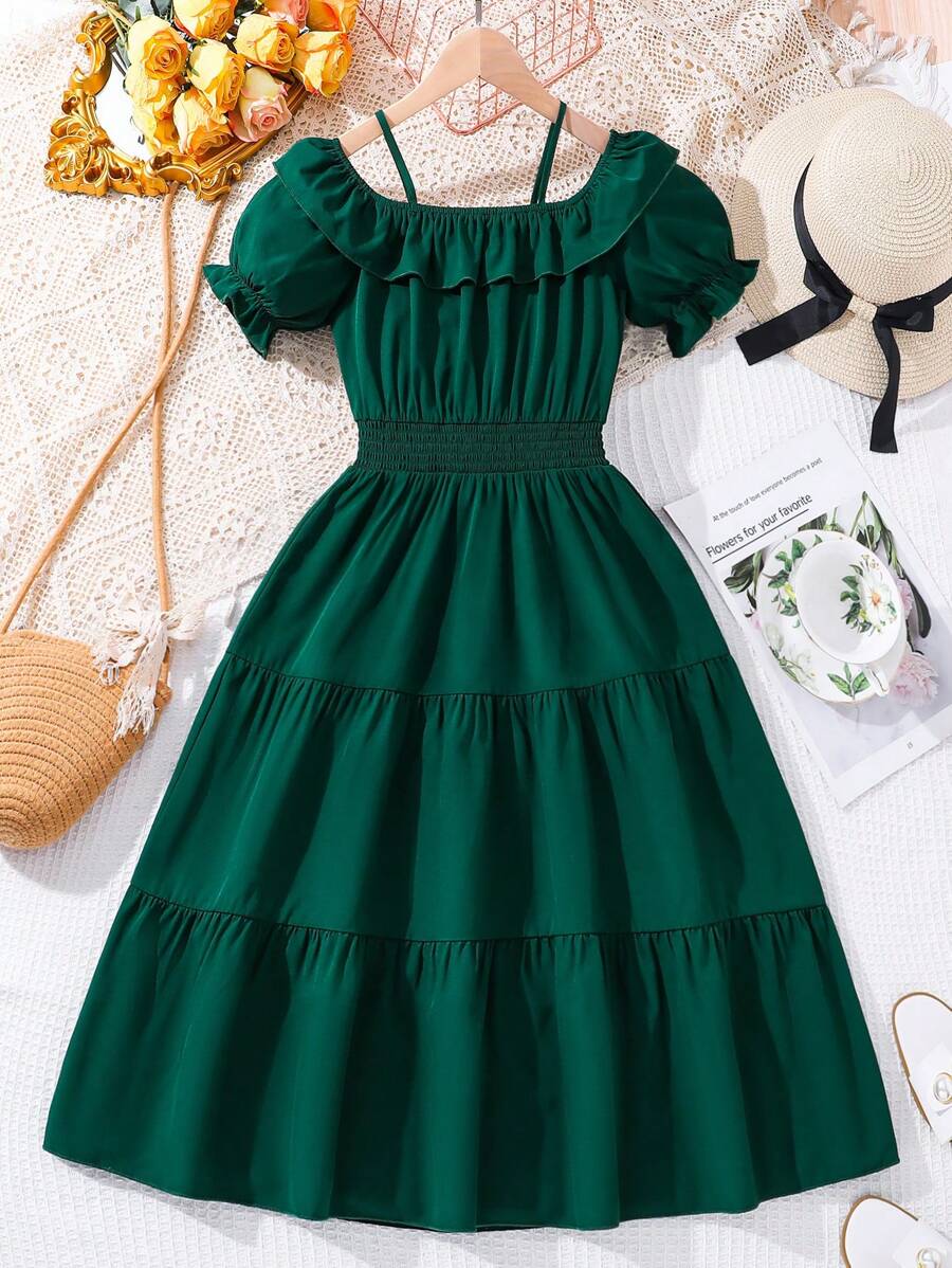 SHEIN Tween Girl's Ruffle Trimmed Strap Bubble Sleeve Wrap Waist Dress - Green - View 1