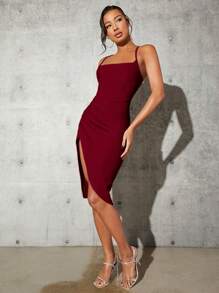 SHEIN BAE 圍裹下擺吊帶連衣裙 - 酒紅色 - 查看 6
