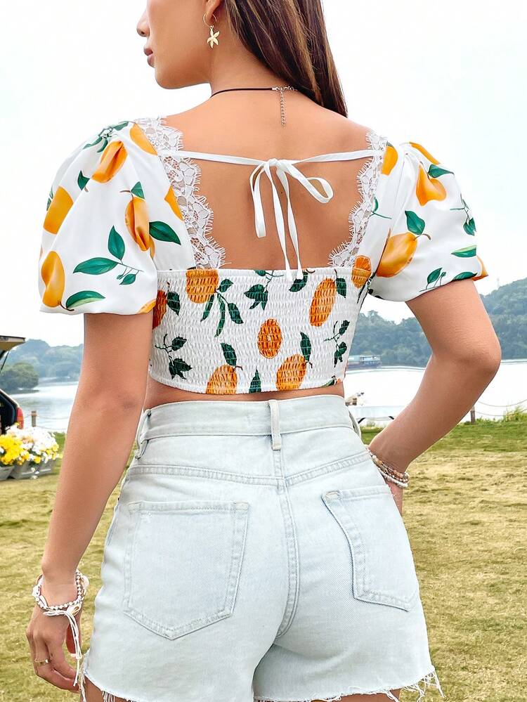 Women's Short Puff Sleeve Bubble Fruit Print Shirt