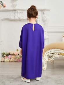 SHEIN Young Girl's Loose Fit V-Neck Batwing Sleeve Printed Dress For Summer - Blue - View 2