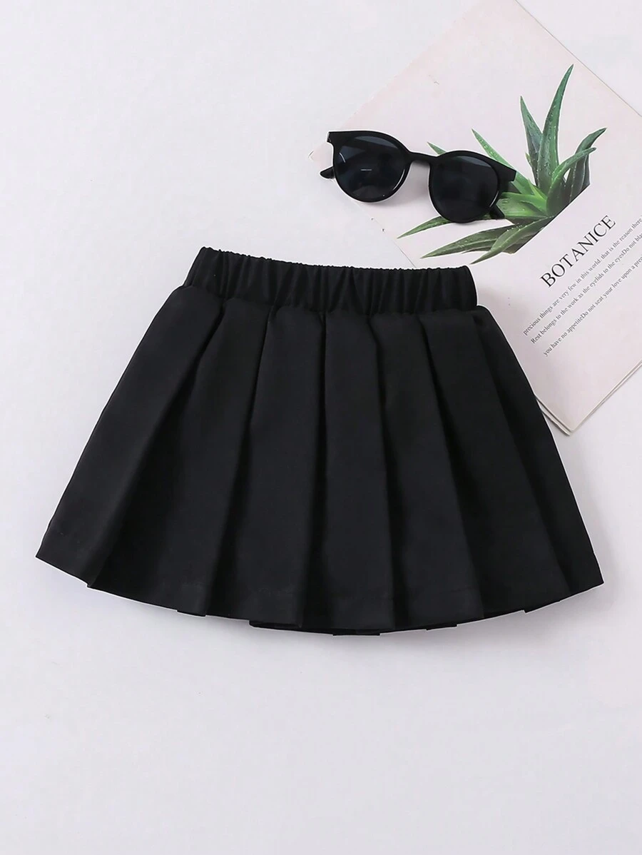 SHEIN Young Girl Solid Color Pleated Skirt - Black - View 1