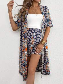 SHEIN 1pc Maternity Short-Sleeve Kimono Top With Allover Print + 1pc Adjustable Waist Shorts Loose-Fitting Two-Piece Set - Multicolor - View 3