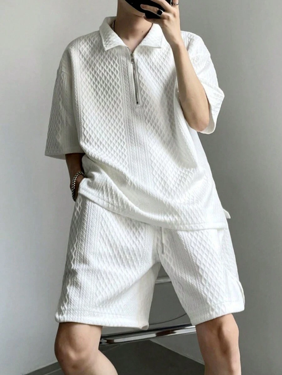 Claim Dot Men'S Textured Polo Shirt And Shorts Set - White - View 1