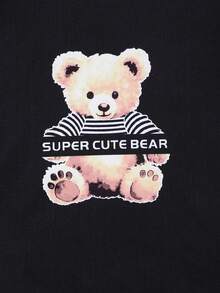SHEIN Teen Girl Knitted Teddy Short Sleeve T-Shirt And Plaid Shorts Homewear Set - Black and White - View 4