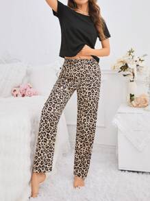 Ariqdhaksinargha Conjunto de pijama de pantalón con estampado de leopardo y blusa de unicolor para mujer artista, para verano, vacaciones, salir, se ajusta al estilo de Ibiza