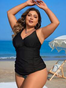 Swim Lushoire Summer Beach Plus Size Solid Color Pleated Camisole Top And Random Tropical Print Triangle Briefs Tankini Set - Black - View 4
