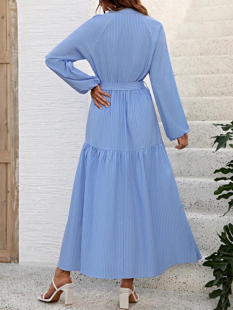 European & American Style Fashionable Striped Lantern Sleeve Long Sleeve Dress For Early Spring