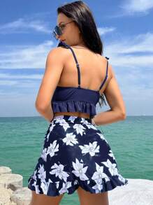 Swim Lushoire Summer Beach One-Shoulder Ruffled Solid Color Top And Random Printed Triangle Bikini Bottom Set, With Skirt Cover Up - Navy Blue - View 2
