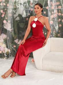 SHEIN BAE Vestido De Dama De Honor De Cuello Alto Decorado Con Flores En El Cuello Halter Y Abertura En El Dobladillo - Rojo - Ver 4