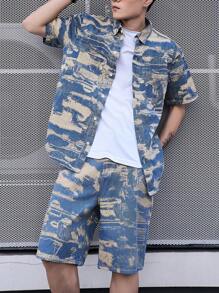 Manfinity Homme Męska koszula dżinsowa z krótkim rękawem, oversize, bawełniana moro, kolorowa impreza