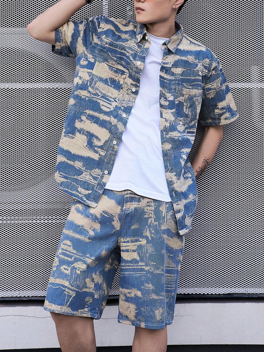 Manfinity Homme Męska koszula dżinsowa z krótkim rękawem, oversize, bawełniana moro, kolorowa impreza