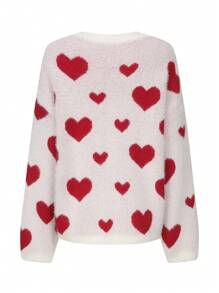 SHEIN LUNE Suéter de mujer con estampado de corazón, suéter de punto para otoño e invierno - Blanco - Ver 2