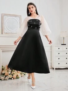 Modelyn Vestido De Malla De Manga De Lámpara Con Imitación De Perlas Decoradas Para Mujer - Blanco y Negro - Ver 4