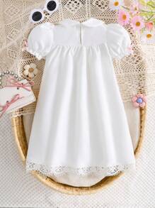 SHEIN 2pcs/Set Young Girls' Embroidered Collar & Puff Sleeve & Bowknot Decor A-Line Dress For Party, Summer