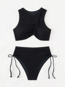 Swim Basics Bộ bikini xếp nếp màu trơn dành cho nữ đi biển mùa hè Carnival - màu đen - Xem 3