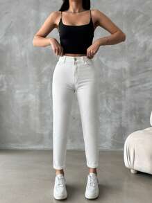 RueChic 高腰妈妈版牛仔裤 - 白色 - 查看 3