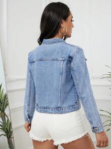 Women's Single Breasted Washed Crop Denim Jacket - Light Wash - View 2