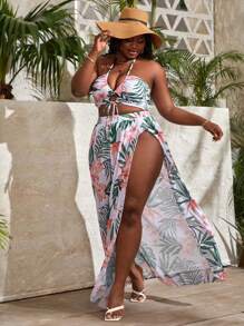 SHEIN Slayr Bộ bikini dây in họa tiết nhiệt đới cỡ lớn đi biển mùa hè với váy đi biển - Nhiều màu - Xem 3